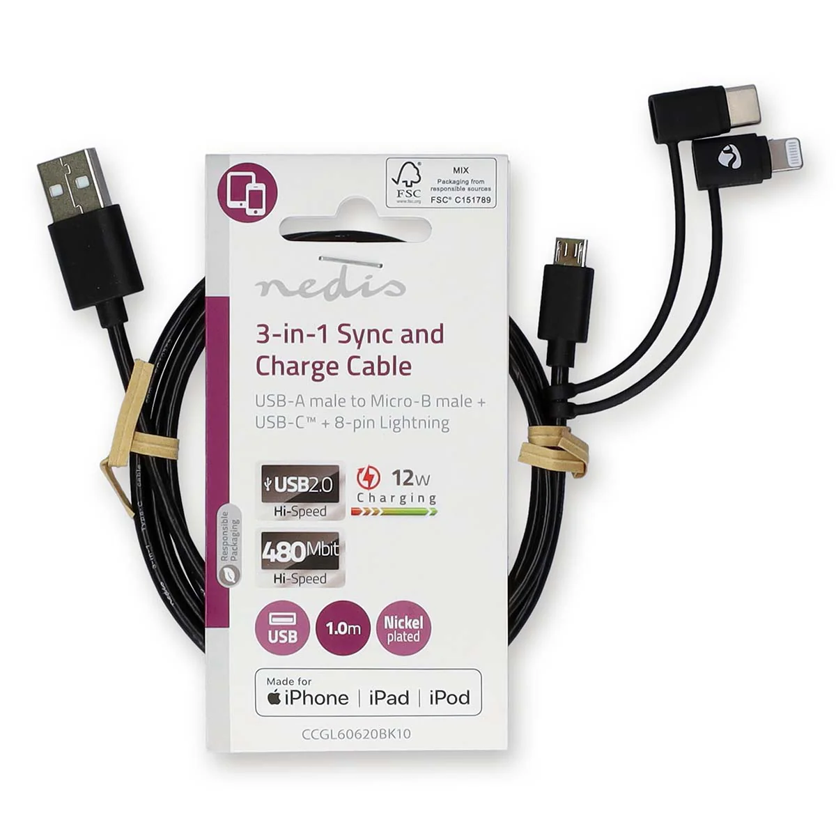 3-in-1-Kabel USB 2.0 - USB-A Male - Apple Lightning 8-Pins / USB Micro-B Male / USB-C™ Male - Image 4